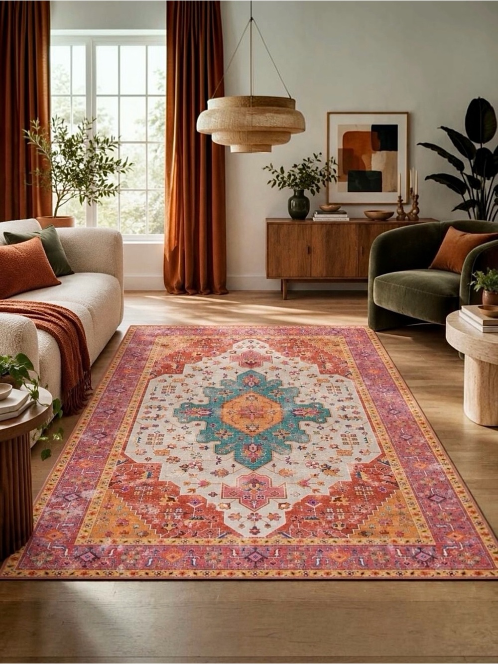 NEW Anthropologie Pink & Teal Moroccan Boho Washable Area Rug Carpet - 5' x 7'